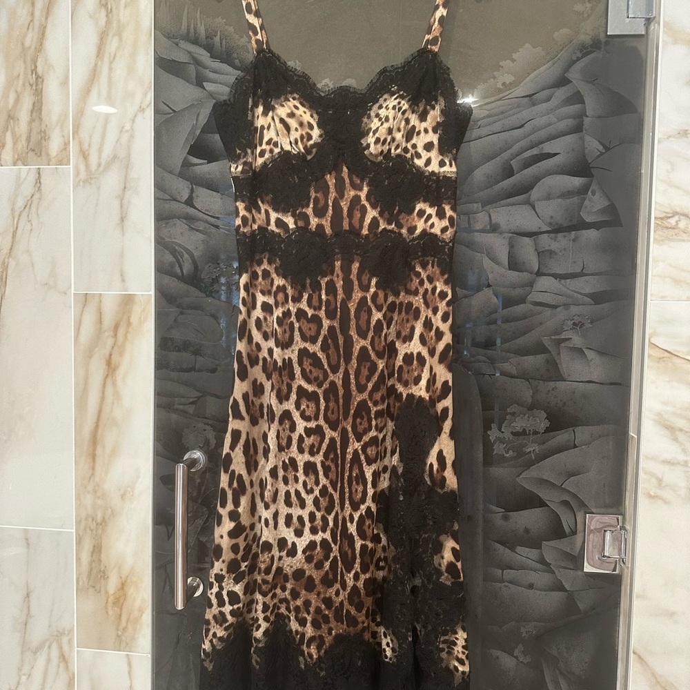 Dolce & Gabbana Leopard Print Midi Dress with Black Lace